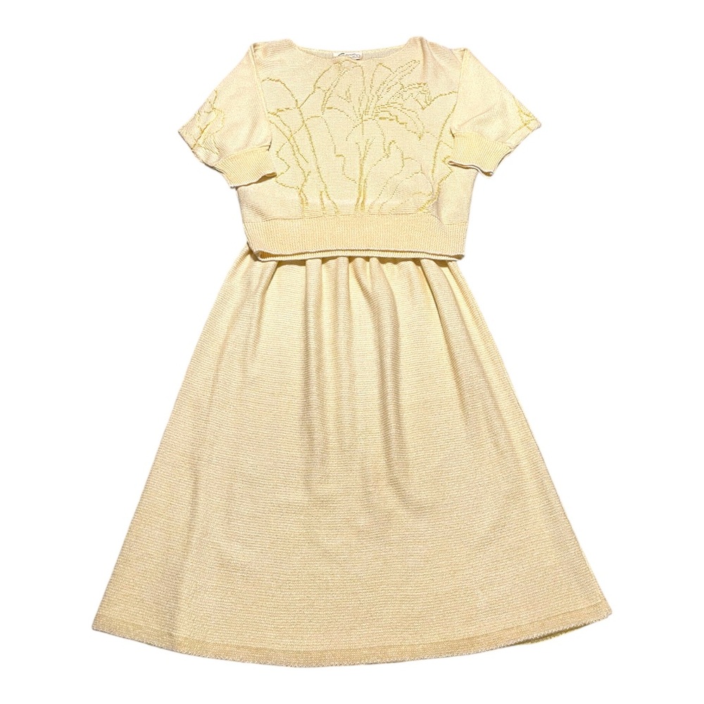 SAVION by Ignacy Feuer Vintage 70s Yellow Knit Skirt And Top Set Size 12